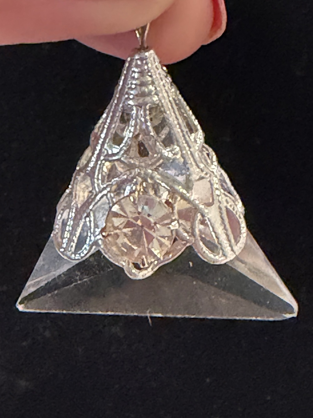 Vintage Art Deco Style Clear Quartz Pyramid Pendant Necklace Filigree Accent 1.7